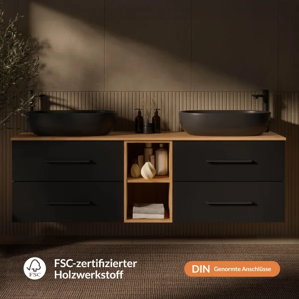 LUX 170 cm Double Vanity Cabinet in Gold Oak / Anthracite with 2 Black 60 cm Sinks
