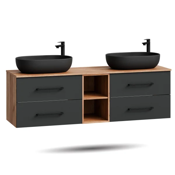LUX 170 cm Double Vanity Cabinet in Gold Oak / Anthracite with 2 Black 60 cm Sinks