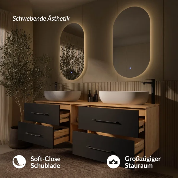 Meuble sous-lavabo double LUX 170 cm, chêne doré / anthracite, avec 2 lavabos blancs de 60 cm et 2 miroirs avec éclairage