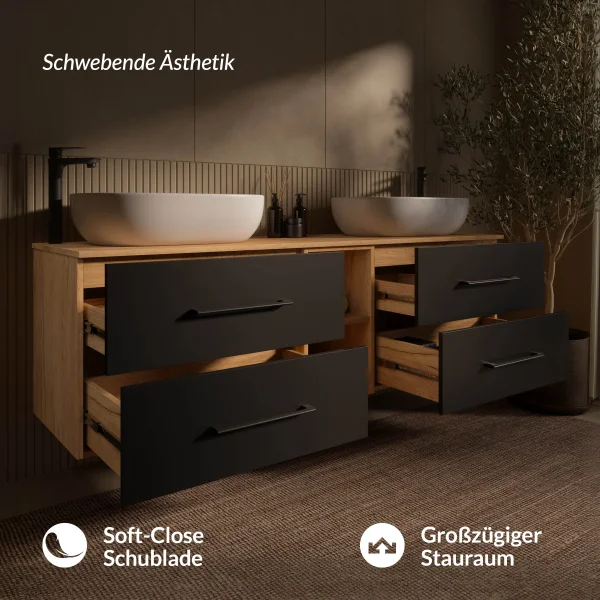 LUX 170 cm Double Vanity Cabinet in Gold Oak / Anthracite with 2 White 60 cm Sinks