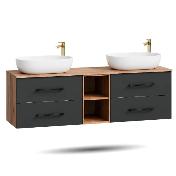 LUX 170 cm Double Vanity Cabinet in Gold Oak / Anthracite with 2 White 60 cm Sinks