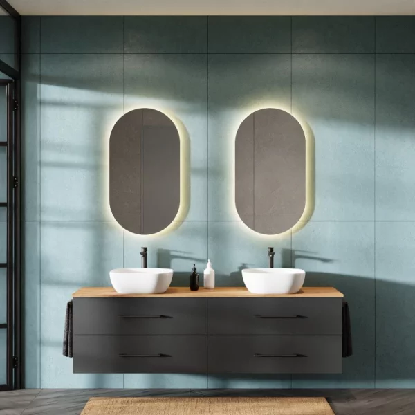 LUX Badezimmer-Set – 180 cm Gold Eiche/Anthrazit, Waschtischunterschrank mit 4 Soft-Open-Schubladen & 2 LED-Spiegeln 50 cm