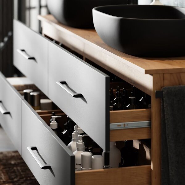 LUX Bathroom Set – 180 cm Golden Oak/Anthracite, Vanity Base Unit with 4 Soft-Open Drawers & 2 LED Mirrors 50 cm