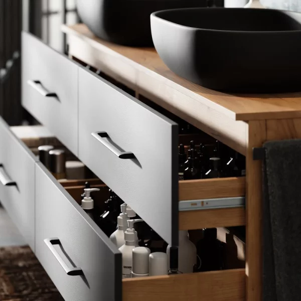 LUX Badezimmer-Set – 180 cm Gold Eiche/Anthrazit, Waschtischunterschrank mit 4 Soft-Open-Schubladen & 2 LED-Spiegeln 50 cm