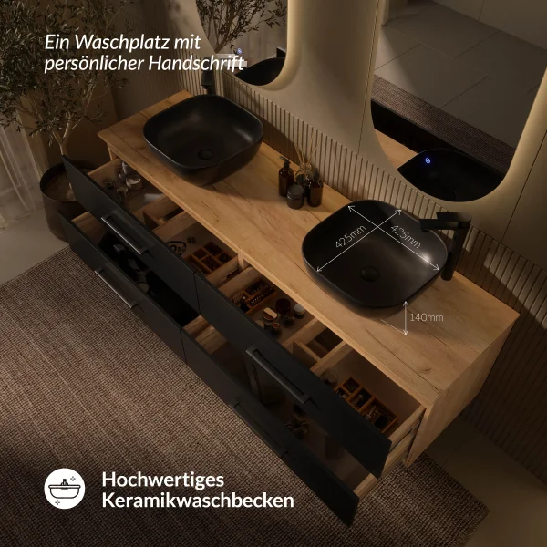 Double Vanity LUX – 180 cm Golden Oak/Anthracite, LED Mirror & Soft-Open