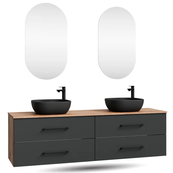 Double Vanity LUX – 180 cm Golden Oak/Anthracite, LED Mirror & Soft-Open