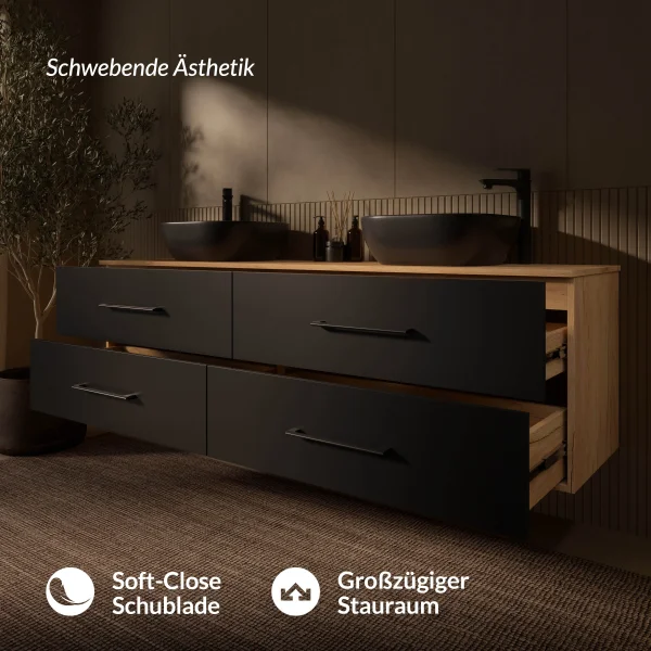 Ensemble de double vasque LUX – 180 cm, chêne doré/anthracite, 2 vasques à poser de 42 cm (noires) et 2 miroirs de 50 cm (sans LED)