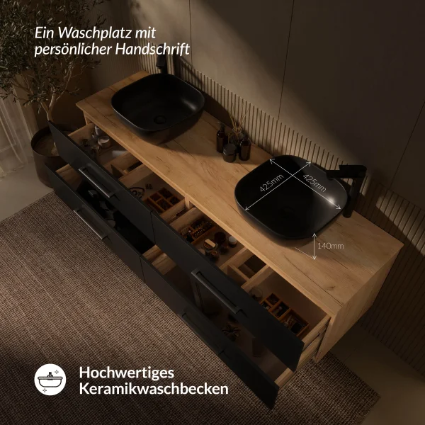 Ensemble de double vasque LUX – 180 cm, chêne doré/anthracite, 2 vasques à poser de 42 cm (noires) et 2 miroirs de 50 cm (sans LED)