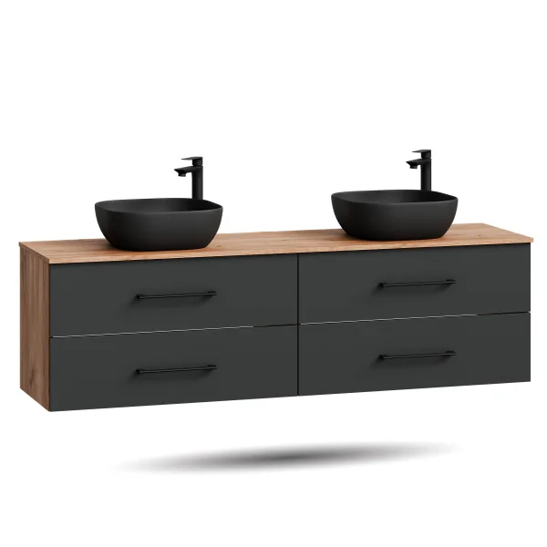 Ensemble de double vasque LUX – 180 cm, chêne doré/anthracite, 2 vasques à poser de 42 cm (noires) et 2 miroirs de 50 cm (sans LED)