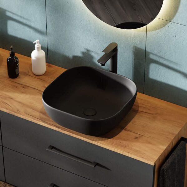 LUX Doppelwaschtisch-Set – 180 cm Gold Eiche/Anthrazit, 2 Aufsatzwaschbecken 42 cm schwarz & 2 Spiegel 50 cm (ohne LED)