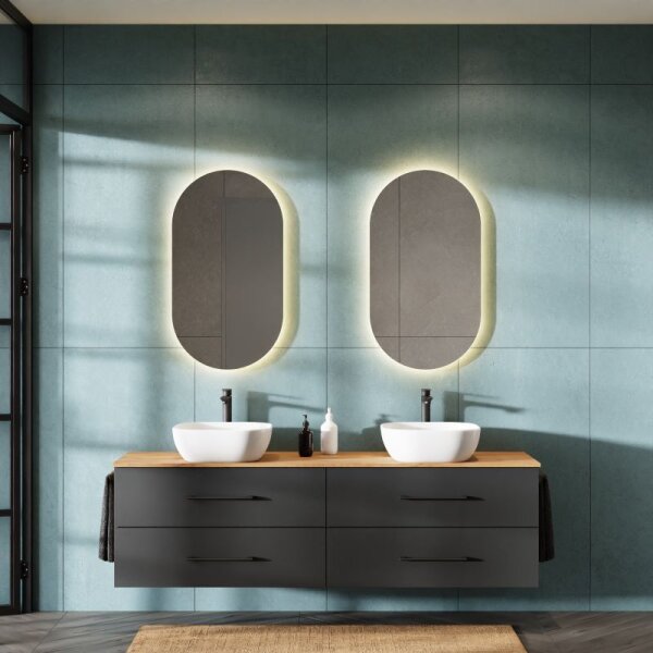 LUX Badmöbel-Set – 180 cm Gold Eiche/Anthrazit, 2× Aufsatzwaschbecken 42 cm Weiß & 2× Spiegel 50 cm (ohne LED)