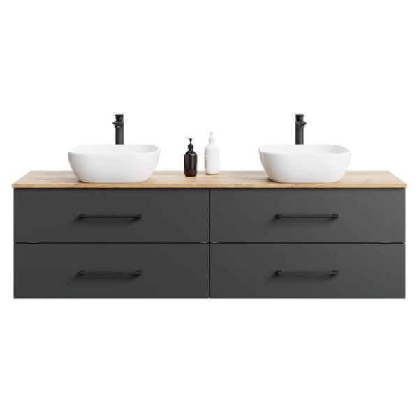 LUX Badmöbel-Set – 180 cm Gold Eiche/Anthrazit, 2× Aufsatzwaschbecken 42 cm Weiß & 2× Spiegel 50 cm (ohne LED)