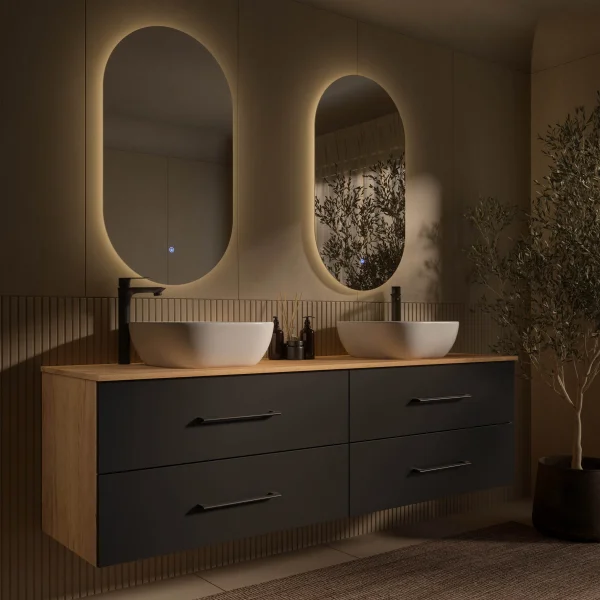 LUX Badezimmer-Set – 180 cm Gold Eiche/Anthrazit, Doppelwaschtisch mit zwei 42 cm Aufsatzwaschbecken Weiß & zwei LED-Spiegeln 50 cm