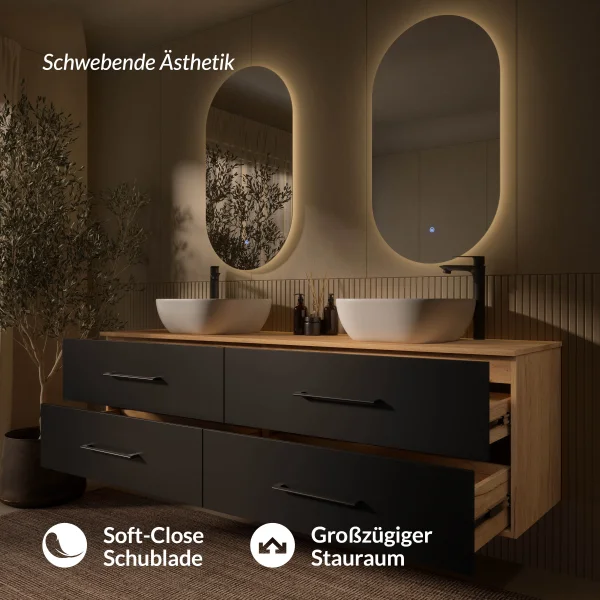 LUX Badezimmer-Set – 180 cm Gold Eiche/Anthrazit, Doppelwaschtisch mit zwei 42 cm Aufsatzwaschbecken Weiß & zwei LED-Spiegeln 50 cm