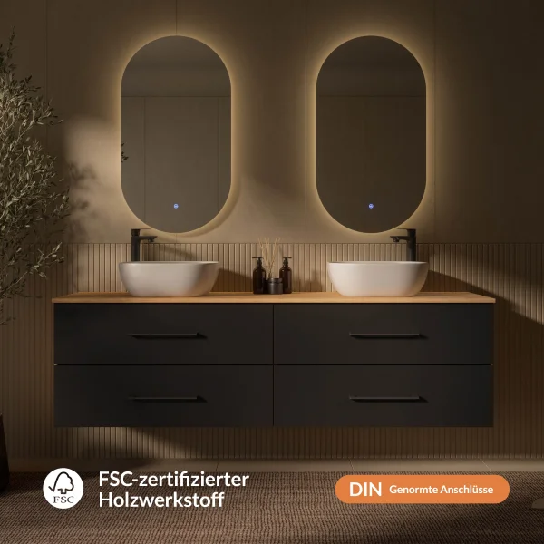 LUX Badezimmer-Set – 180 cm Gold Eiche/Anthrazit, Doppelwaschtisch mit zwei 42 cm Aufsatzwaschbecken Weiß & zwei LED-Spiegeln 50 cm