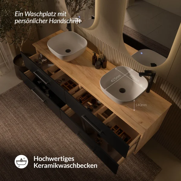 LUX Badezimmer-Set – 180 cm Gold Eiche/Anthrazit, Doppelwaschtisch mit zwei 42 cm Aufsatzwaschbecken Weiß & zwei LED-Spiegeln 50 cm