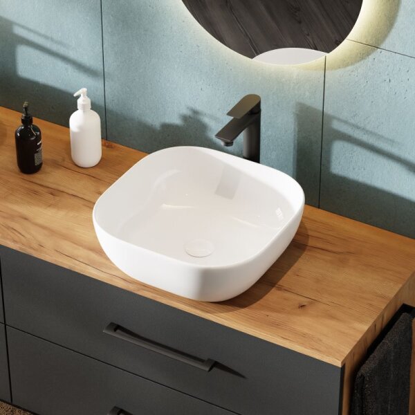 LUX Badezimmer-Set – 180 cm Gold Eiche/Anthrazit, Doppelwaschtisch mit zwei 42 cm Aufsatzwaschbecken Weiß & zwei LED-Spiegeln 50 cm