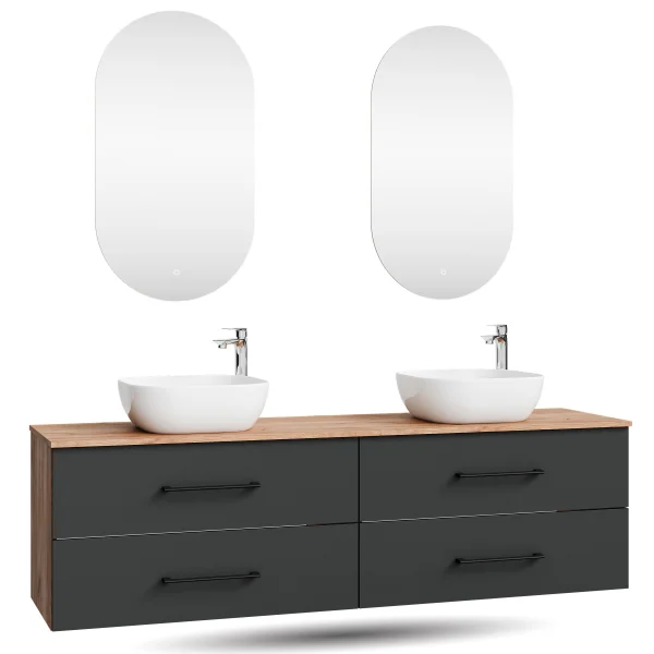 LUX Badezimmer-Set – 180 cm Gold Eiche/Anthrazit, Doppelwaschtisch mit zwei 42 cm Aufsatzwaschbecken Weiß & zwei LED-Spiegeln 50 cm