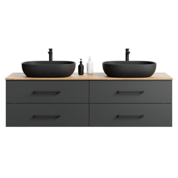 LUX Badmöbel-Set – 180 cm Gold Eiche/Anthrazit, Doppelwaschtisch mit 2× Aufsatzwaschbecken 60 cm Schwarz & 2 Spiegeln (ohne LED)