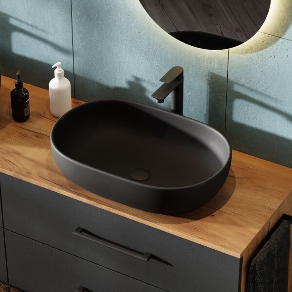 LUX Badmöbel-Set – 180 cm Gold Eiche/Anthrazit, Doppelwaschtisch mit 2× Aufsatzwaschbecken 60 cm Schwarz & 2× LED-Spiegel 50 cm