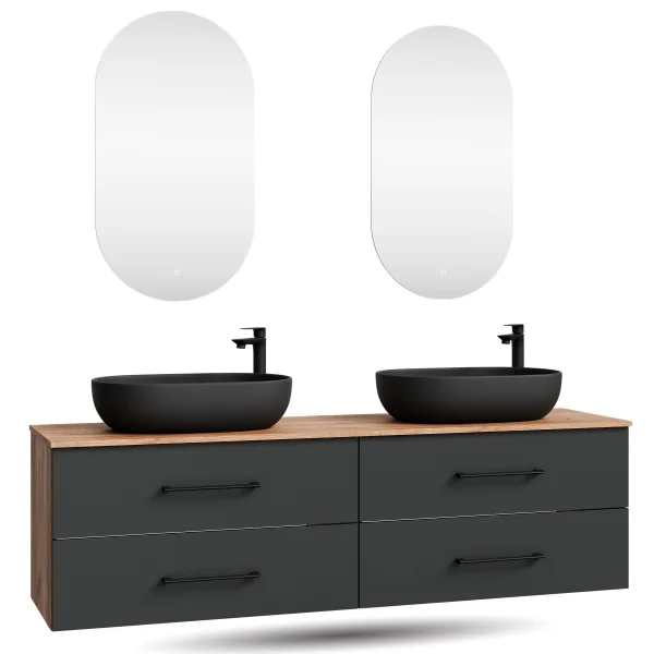 LUX Badmöbel-Set – 180 cm Gold Eiche/Anthrazit, Doppelwaschtisch mit 2× Aufsatzwaschbecken 60 cm Schwarz & 2× LED-Spiegel 50 cm