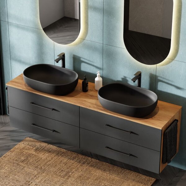 LUX Badmöbel-Set – 180 cm Gold Eiche/Anthrazit, hängend, 2 Aufsatzwaschbecken 60 cm Schwarz