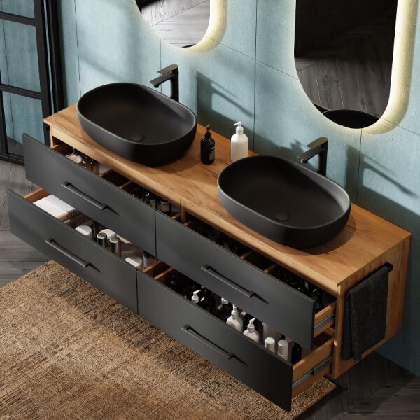 LUX Badmöbel-Set – 180 cm Gold Eiche/Anthrazit, hängend, 2 Aufsatzwaschbecken 60 cm Schwarz