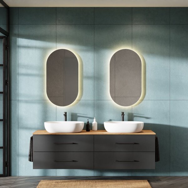 Double Vanity Base Unit LUX – 180 cm Golden Oak/Anthracite with 2 Extra-Wide White Washbasins (60 cm) and 2 Mirrors