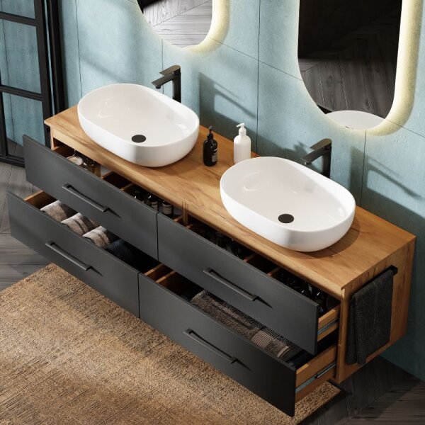 Double Vanity Base Unit LUX – 180 cm Golden Oak/Anthracite with 2 White Washbasins (60 cm) and 2 LED Mirrors