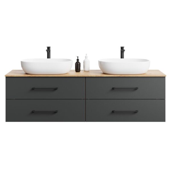 Double Vanity Base Unit LUX – 180 cm Golden Oak/Anthracite with 2 White Washbasins (60 cm) and 2 LED Mirrors