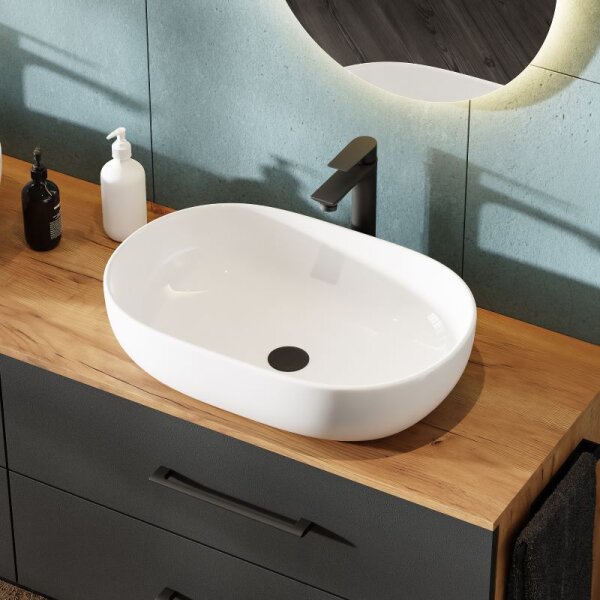 Doppelwaschtischunterschrank LUX 180 cm mit 2x Waschbecken Weiß – Anthrazit/Gold Eiche