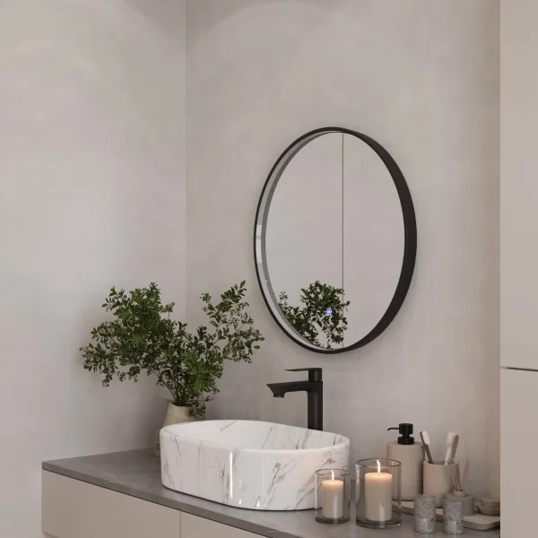 Miroir VELUNA rond, 60 à 100 cm, avec bordure noire et éclairage LED