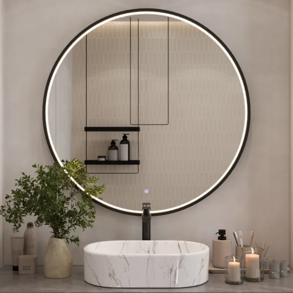 Miroir VELUNA rond, 60 à 100 cm, avec bordure noire et éclairage LED