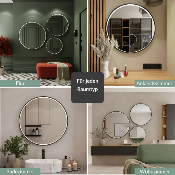 Miroir VELUNA rond, 60 à 100 cm, avec bordure noire et éclairage LED