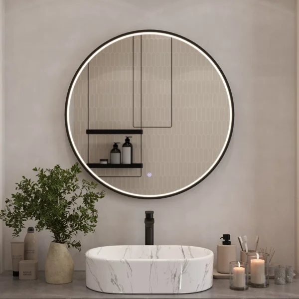 Miroir VELUNA rond, 60 à 100 cm, avec bordure noire et éclairage LED