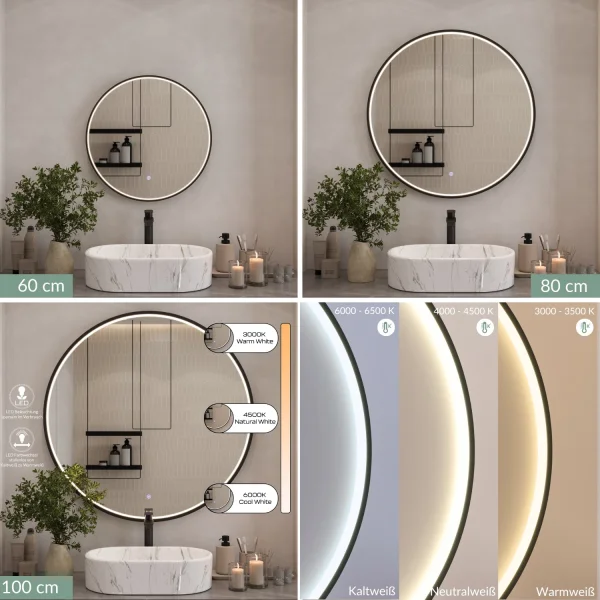 Miroir VELUNA rond, 60 à 100 cm, avec bordure noire et éclairage LED