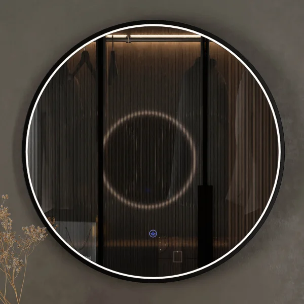 Mirror NOVA round 60 cm with black frame and LED lighting