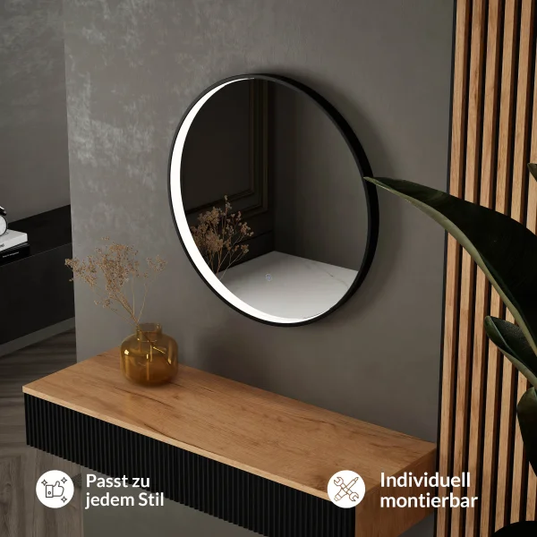 Mirror NOVA round 80 cm with black frame and LED lighting
