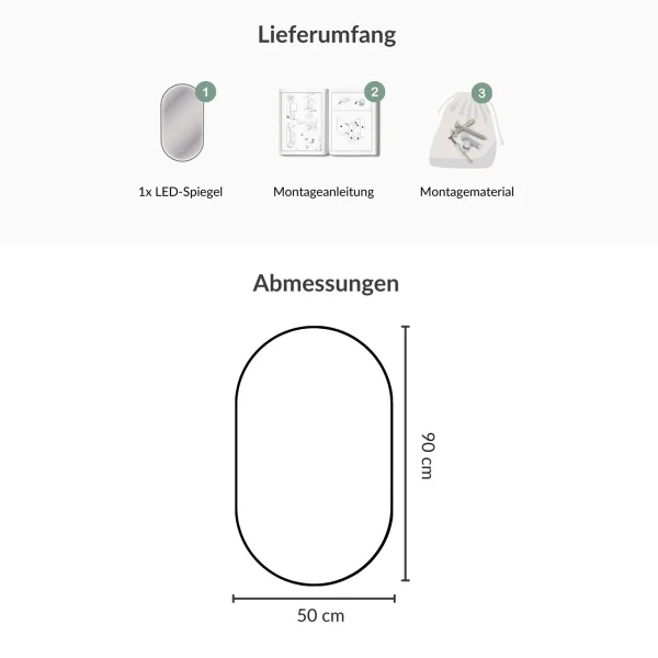 Spiegel GLORA oval 50x90 cm, Rahmen mit LED-Beleuchtung