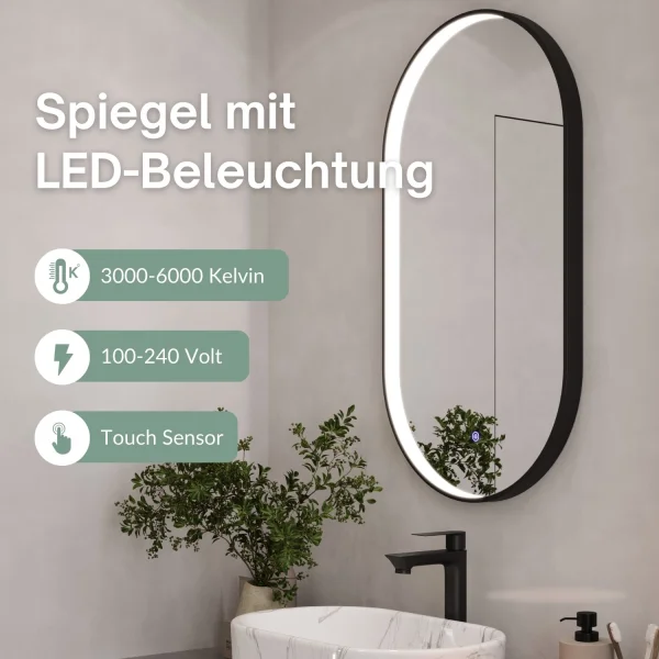 Spiegel GLORA oval 50x90 cm, Rahmen mit LED-Beleuchtung