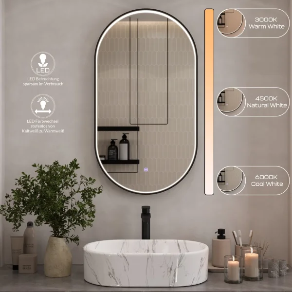 Spiegel GLORA oval 50x90 cm, Rahmen mit LED-Beleuchtung