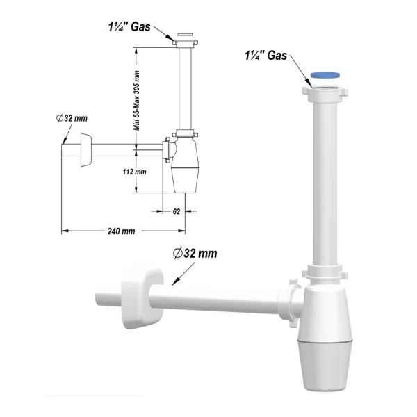 Siphon aus Kunststoff weiß