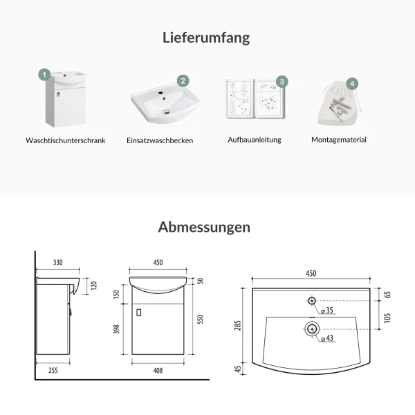 Unterschrank mit Waschbecken 45cm