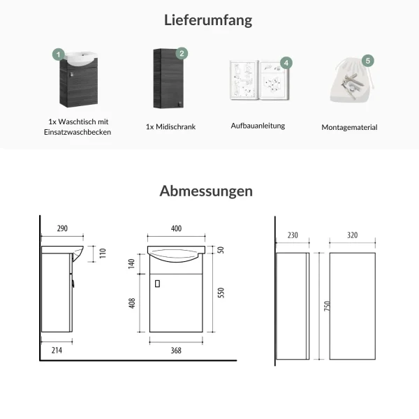 Waschtischunterschrank 40 cm mit Midischrank 32 cm Anthrazit