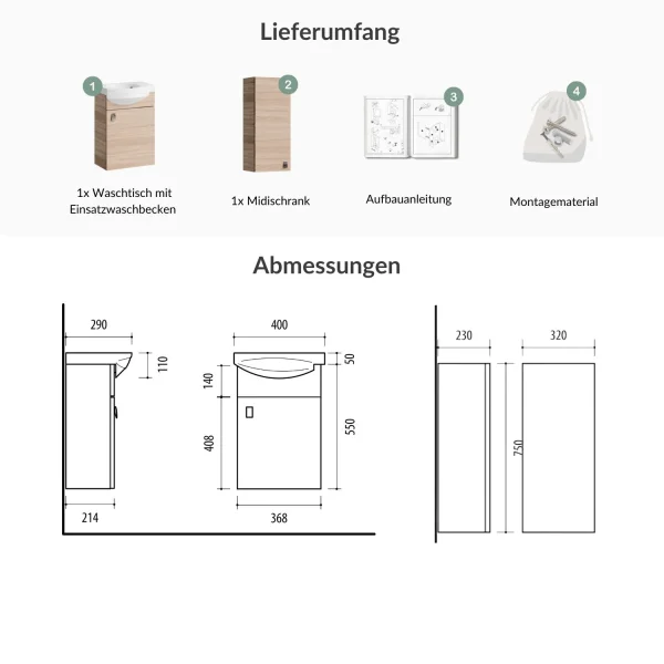 Meuble sous-vasque de 40 cm avec meuble intermédiaire de 32 cm, chêne Sonoma