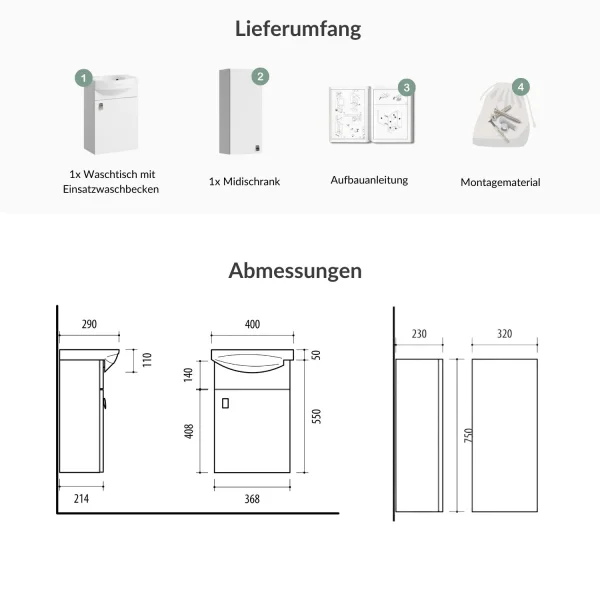 Mobile sottolavabo da 40 cm con mobile medio da 32 cm, bianco