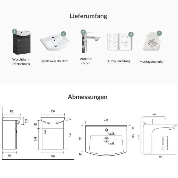 Waschtischunterschrank 45 cm (Anthrazit) mit Armatur in Chrom