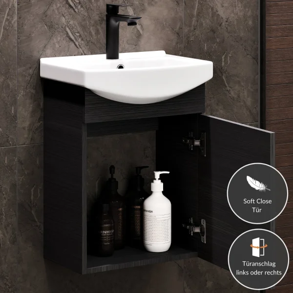 Waschtischunterschrank 45 cm (Anthrazit) mit Armatur in Schwarz