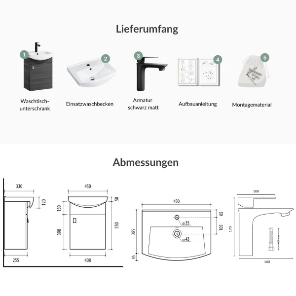 Waschtischunterschrank 45 cm (Anthrazit) mit Armatur in Schwarz