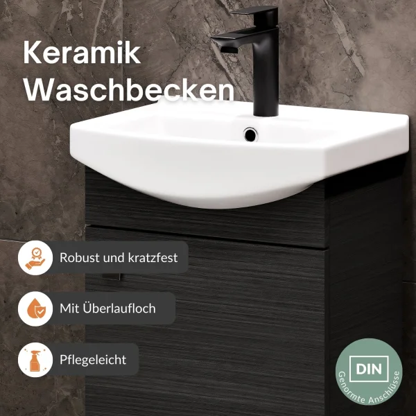 Waschtischunterschrank 45 cm (Anthrazit) mit Armatur in Schwarz